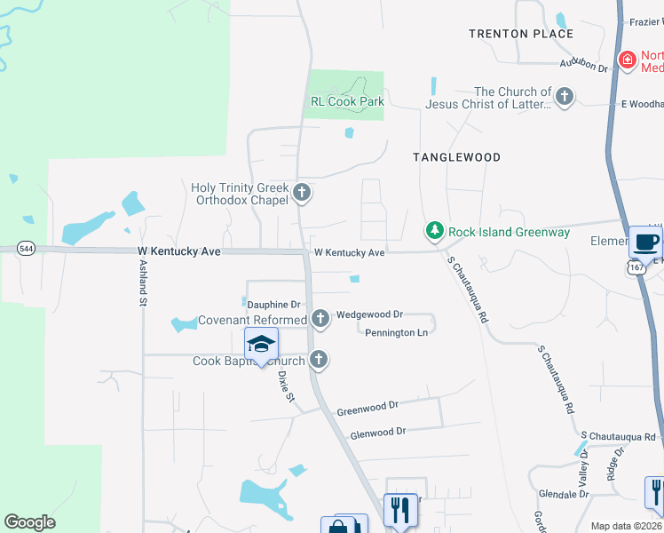 map of restaurants, bars, coffee shops, grocery stores, and more near 1119 Lisa Lane in Ruston