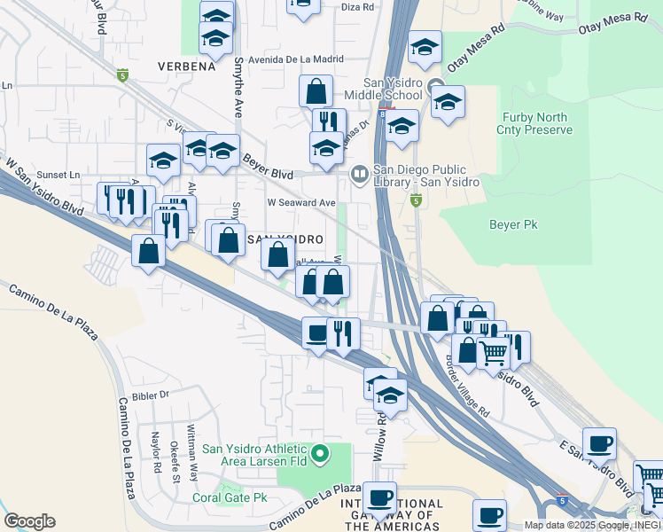 map of restaurants, bars, coffee shops, grocery stores, and more near 102 West Hall Avenue in San Diego