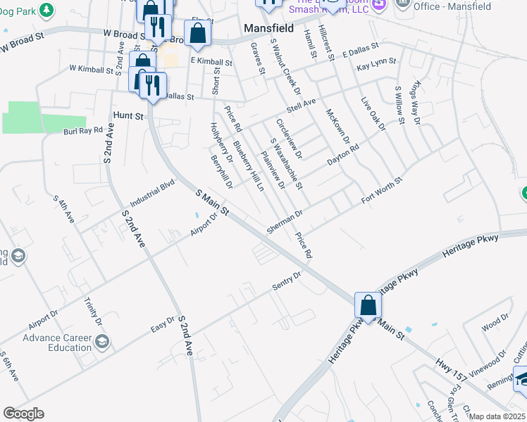 map of restaurants, bars, coffee shops, grocery stores, and more near 625 Hollyberry Drive in Mansfield