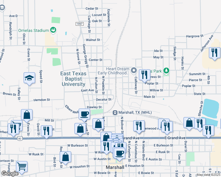 map of restaurants, bars, coffee shops, grocery stores, and more near 105 East Avenue in Marshall