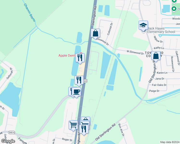 map of restaurants, bars, coffee shops, grocery stores, and more near 3170 Sterlington Road in Monroe