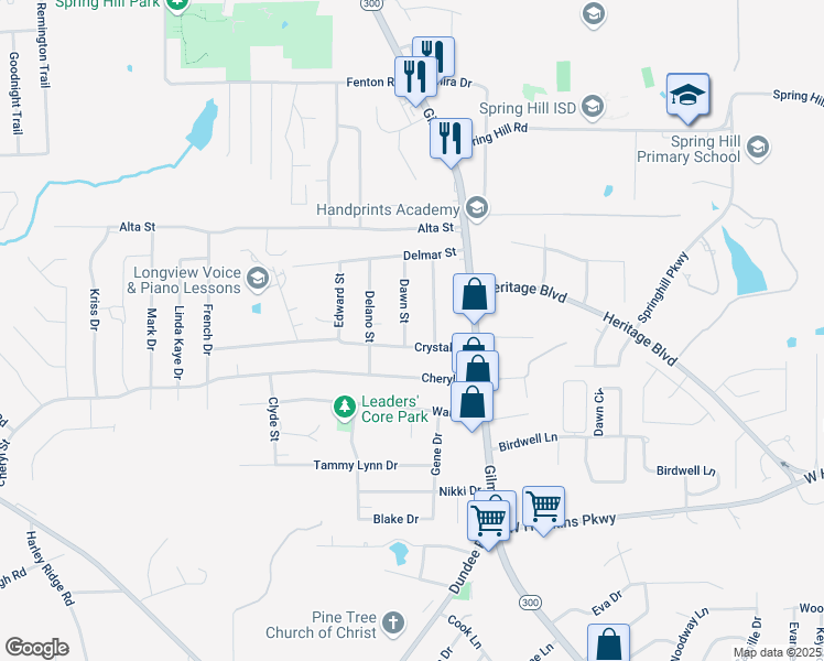map of restaurants, bars, coffee shops, grocery stores, and more near 417 Dawn Street in Longview
