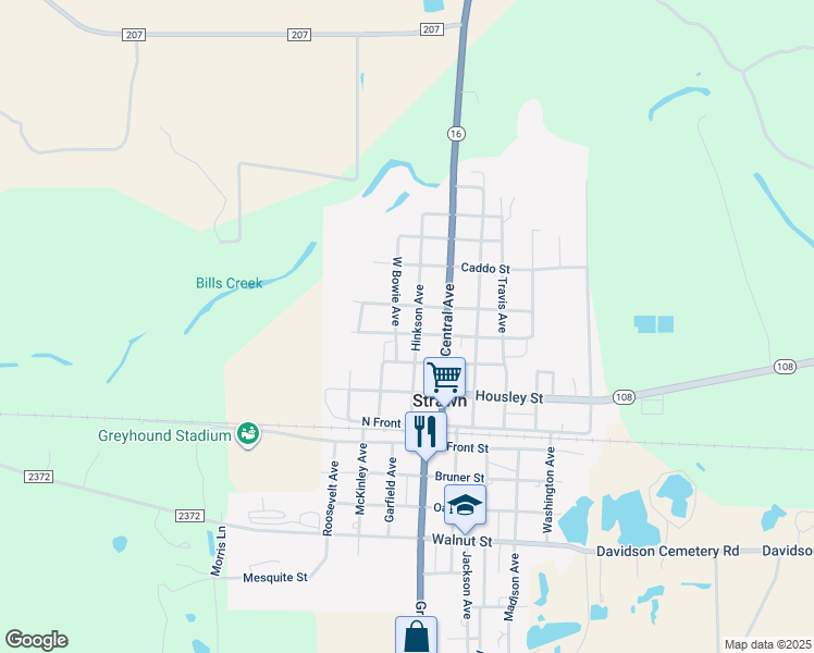 map of restaurants, bars, coffee shops, grocery stores, and more near 110 Pedigo Street in Strawn
