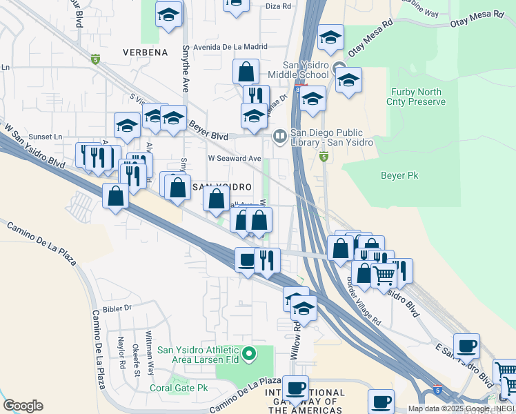 map of restaurants, bars, coffee shops, grocery stores, and more near 102 West Hall Avenue in San Diego