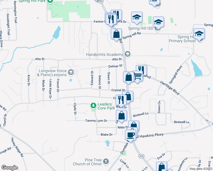 map of restaurants, bars, coffee shops, grocery stores, and more near 417 Dawn Street in Longview