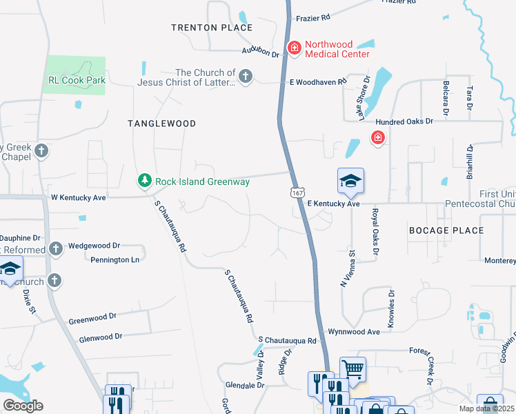 map of restaurants, bars, coffee shops, grocery stores, and more near Soyaris Circle in Ruston