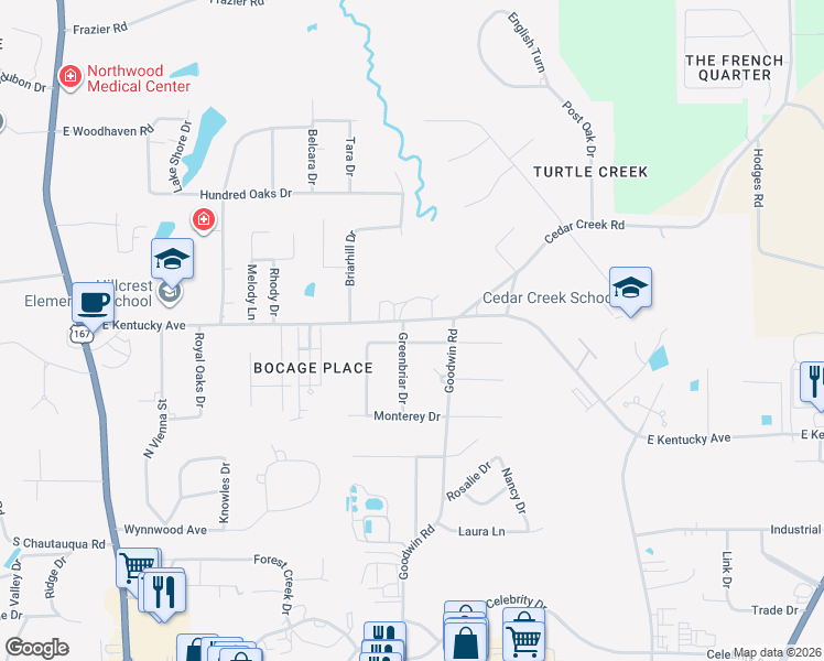 map of restaurants, bars, coffee shops, grocery stores, and more near 701 Tarreyton Drive in Ruston