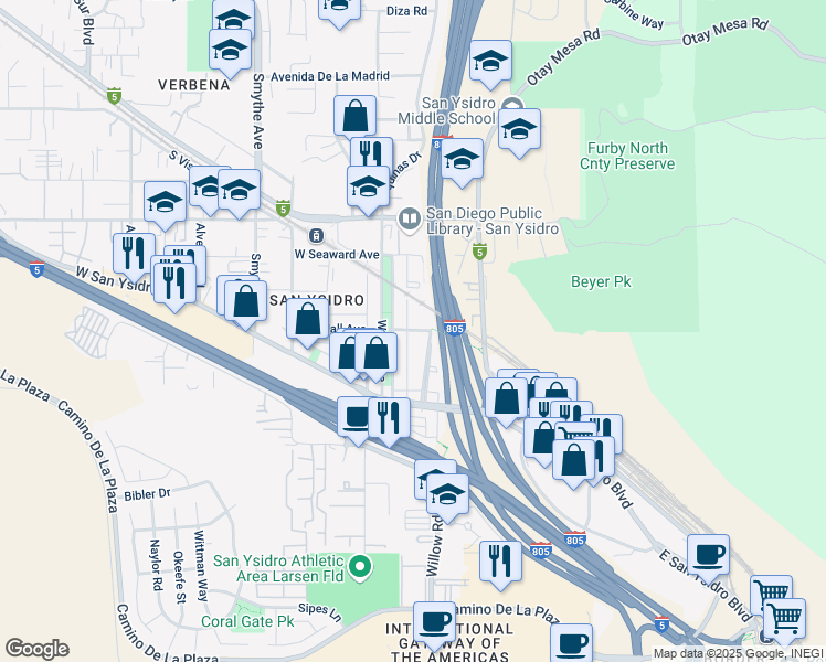 map of restaurants, bars, coffee shops, grocery stores, and more near 190 Pepper Drive in San Diego