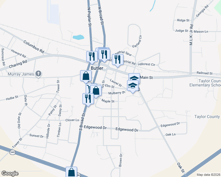 map of restaurants, bars, coffee shops, grocery stores, and more near 56 Mulberry Street in Butler