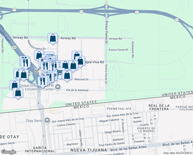 map of restaurants, bars, coffee shops, grocery stores, and more near 10030 Marconi Drive in San Diego