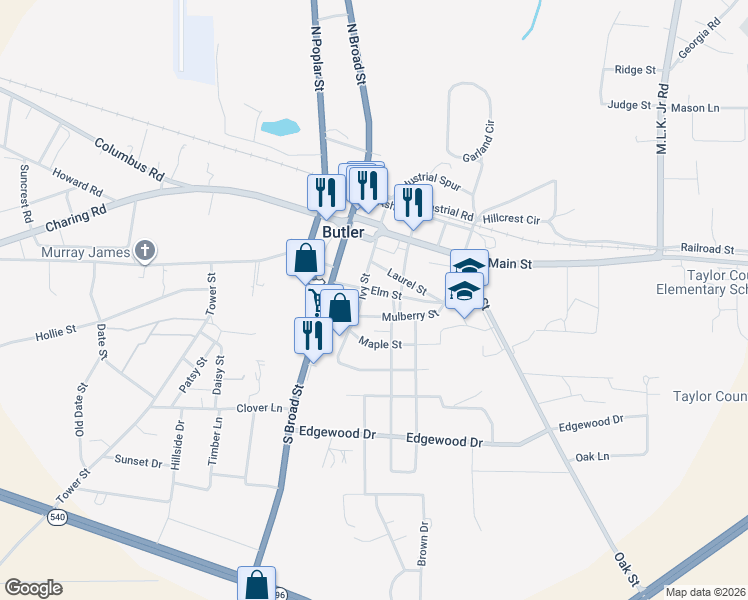 map of restaurants, bars, coffee shops, grocery stores, and more near 56 Mulberry Street in Butler