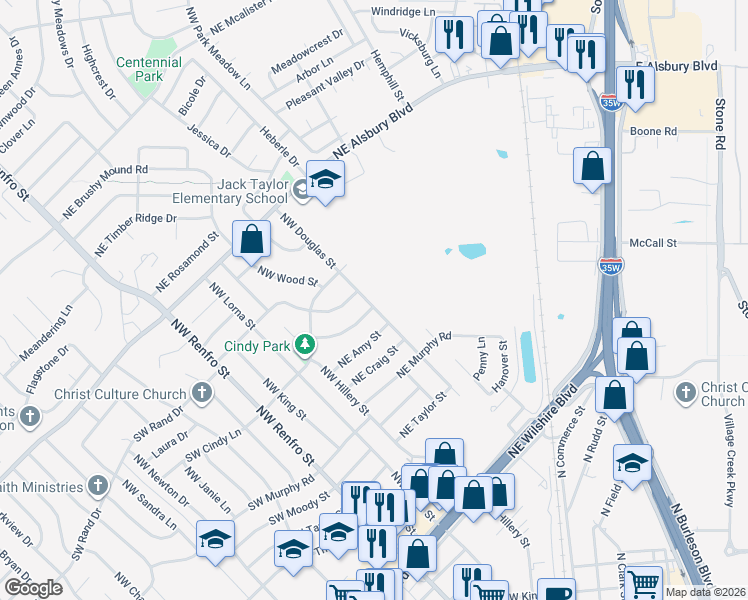 map of restaurants, bars, coffee shops, grocery stores, and more near 600 Northwest Douglas Street in Burleson