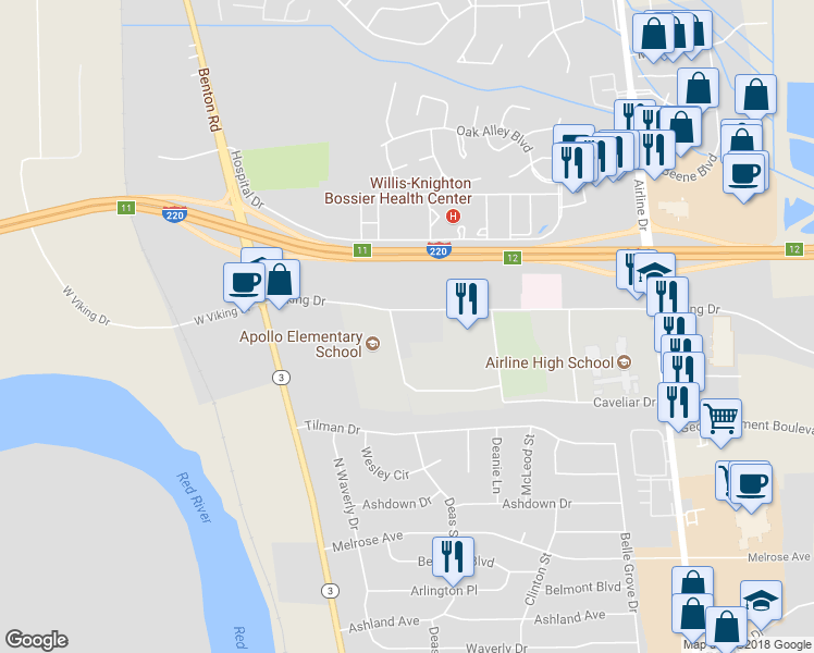 map of restaurants, bars, coffee shops, grocery stores, and more near 2400 Viking Drive in Bossier City