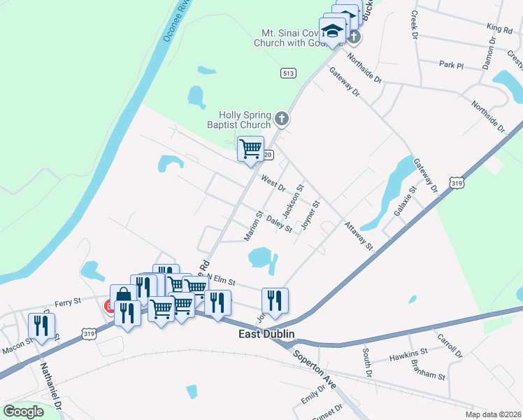 map of restaurants, bars, coffee shops, grocery stores, and more near 200-208 Daley Street in East Dublin