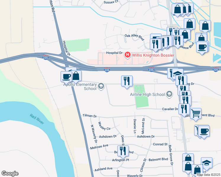 map of restaurants, bars, coffee shops, grocery stores, and more near 2500 Viking Drive in Bossier City