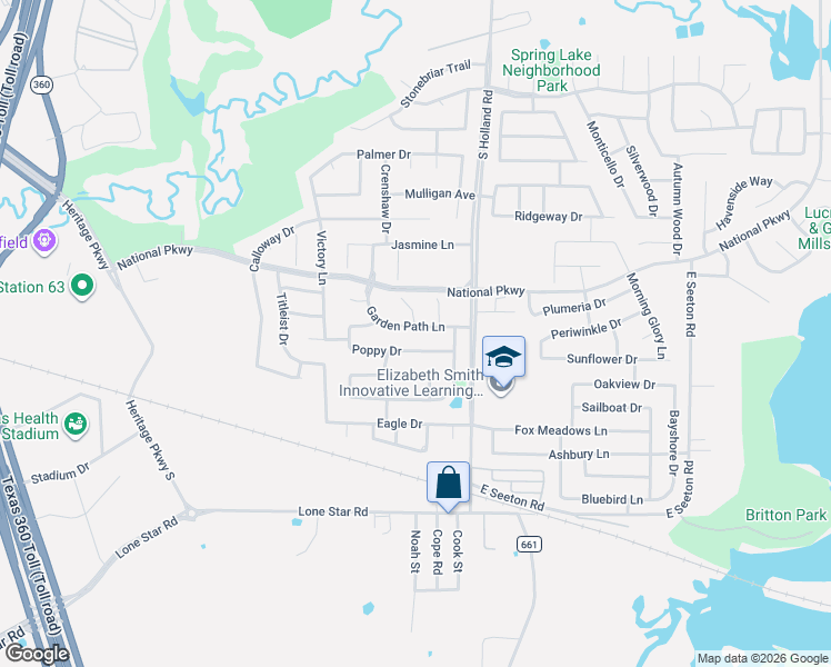 map of restaurants, bars, coffee shops, grocery stores, and more near 4307 Poppy Drive in Mansfield