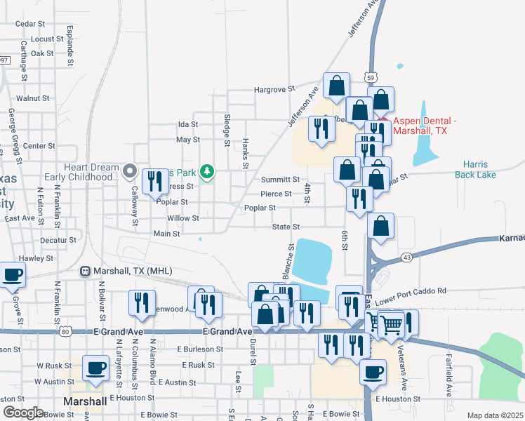 map of restaurants, bars, coffee shops, grocery stores, and more near 1205 2nd Street in Marshall