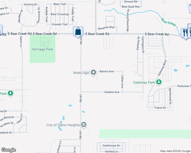 map of restaurants, bars, coffee shops, grocery stores, and more near 708 Barton Avenue in Glenn Heights