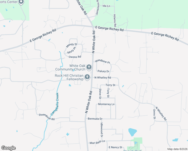 map of restaurants, bars, coffee shops, grocery stores, and more near 1515 North Whatley Road in White Oak