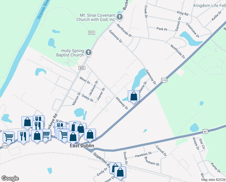 map of restaurants, bars, coffee shops, grocery stores, and more near 409 Attaway Street in Dublin