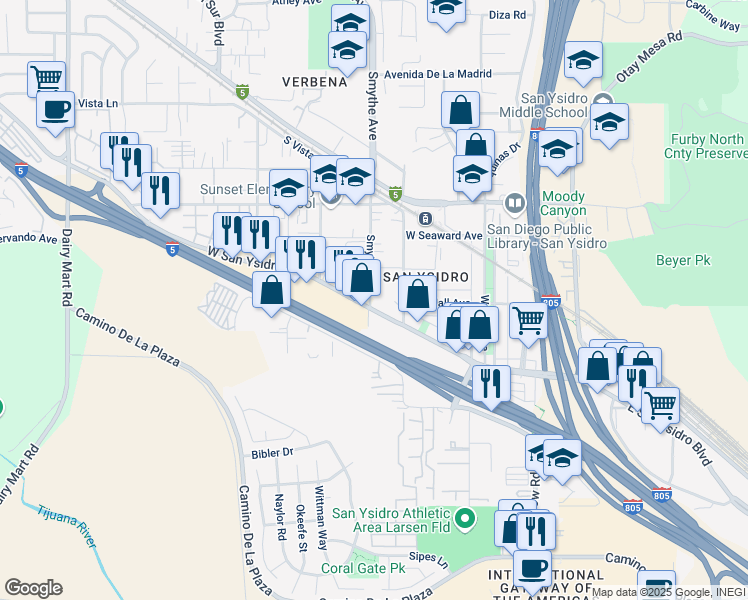 map of restaurants, bars, coffee shops, grocery stores, and more near 2391 Smythe Avenue in San Diego