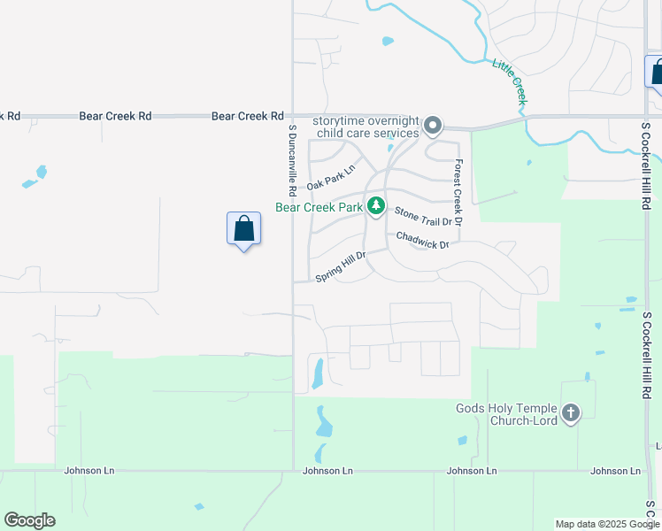 map of restaurants, bars, coffee shops, grocery stores, and more near 15 Spring Hill Drive in Cedar Hill