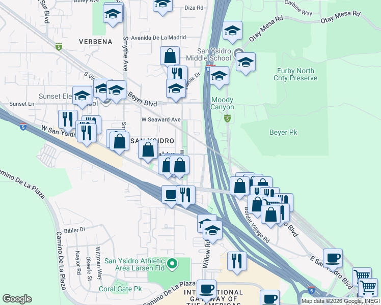 map of restaurants, bars, coffee shops, grocery stores, and more near 190 Pepper Drive in San Diego