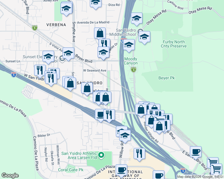 map of restaurants, bars, coffee shops, grocery stores, and more near 200 East Park Avenue in San Diego