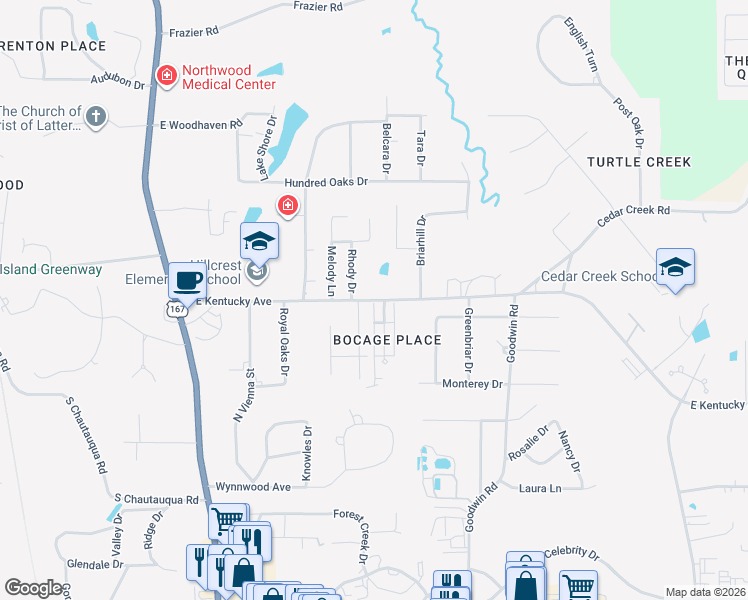 map of restaurants, bars, coffee shops, grocery stores, and more near 2337 Bocage Place in Ruston