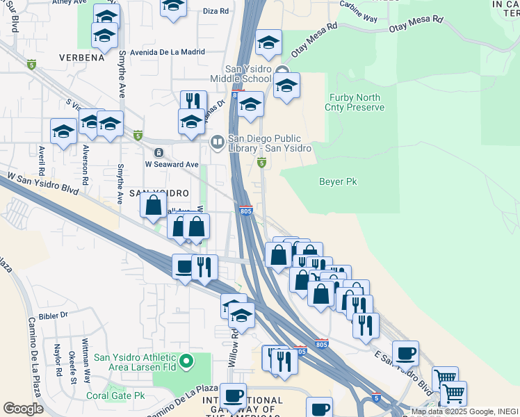 map of restaurants, bars, coffee shops, grocery stores, and more near 2395 East Beyer Boulevard in San Diego