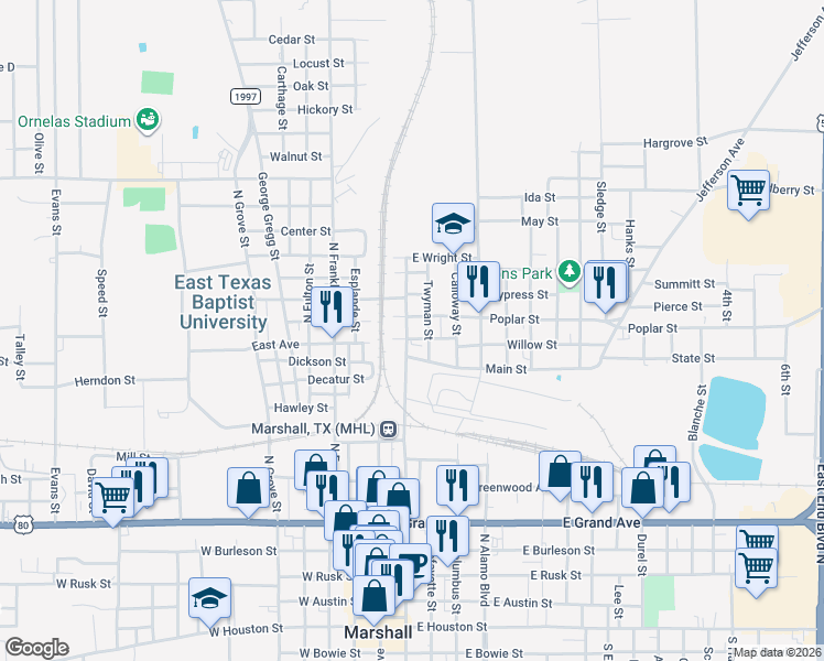 map of restaurants, bars, coffee shops, grocery stores, and more near 1005 North Bolivar Street in Marshall