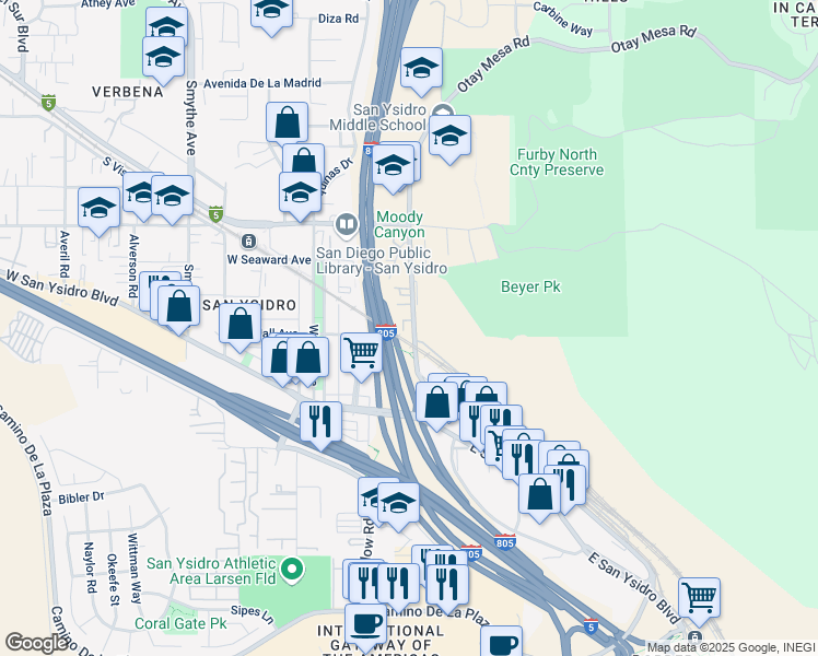 map of restaurants, bars, coffee shops, grocery stores, and more near 2395 East Beyer Boulevard in San Diego