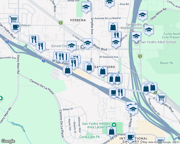 map of restaurants, bars, coffee shops, grocery stores, and more near 305 West San Ysidro Boulevard in San Diego