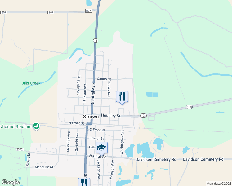 map of restaurants, bars, coffee shops, grocery stores, and more near 324 Stuart Street in Strawn