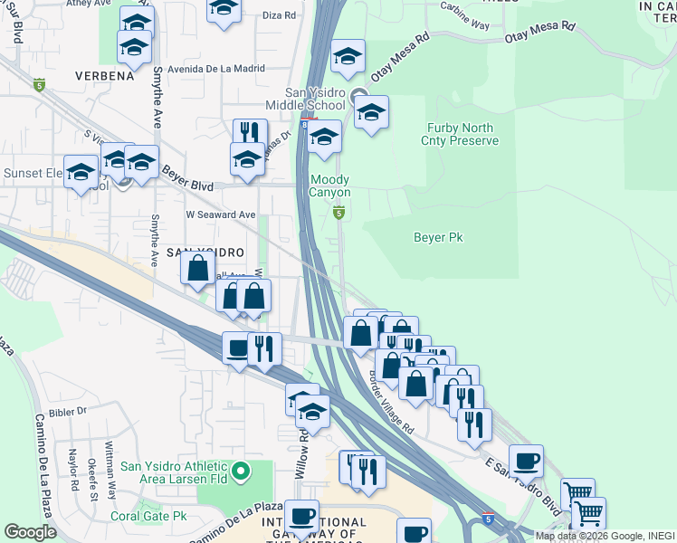map of restaurants, bars, coffee shops, grocery stores, and more near 2395 East Beyer Boulevard in San Diego