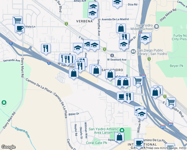 map of restaurants, bars, coffee shops, grocery stores, and more near 342 West San Ysidro Boulevard in San Diego