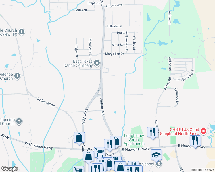 map of restaurants, bars, coffee shops, grocery stores, and more near 107 Hill Street in Longview