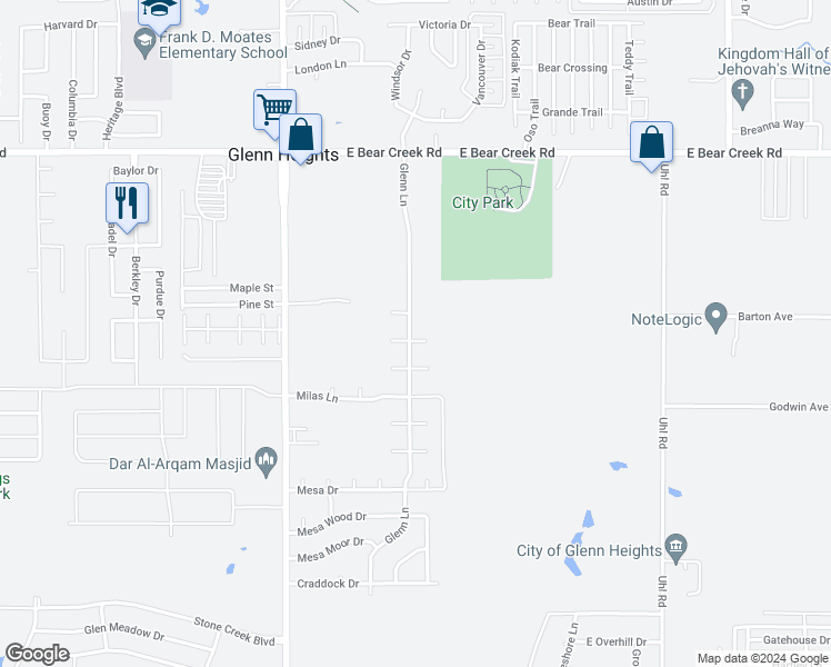 map of restaurants, bars, coffee shops, grocery stores, and more near 301 Monica Street in Glenn Heights