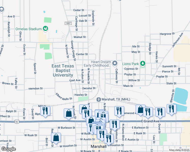 map of restaurants, bars, coffee shops, grocery stores, and more near 105 East Avenue in Marshall
