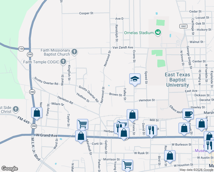 map of restaurants, bars, coffee shops, grocery stores, and more near 1300 Norwood Street in Marshall