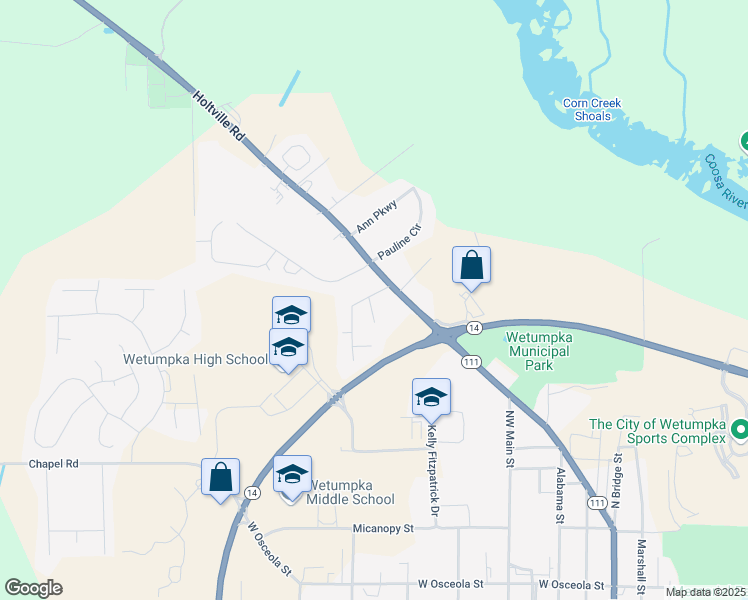 map of restaurants, bars, coffee shops, grocery stores, and more near 105 James Street in Wetumpka