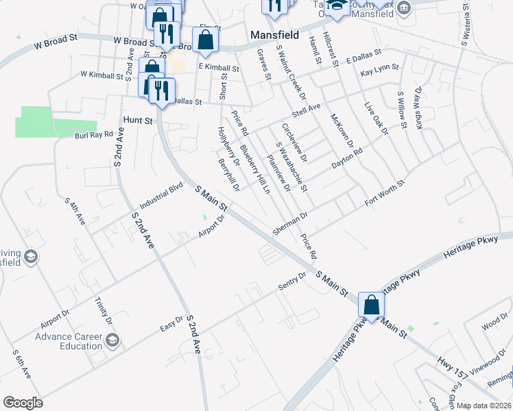 map of restaurants, bars, coffee shops, grocery stores, and more near 614 Hollyberry Drive in Mansfield