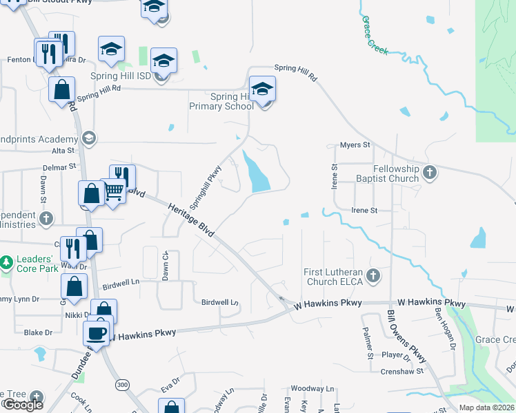 map of restaurants, bars, coffee shops, grocery stores, and more near 3900 Castle Ridge Drive in Longview