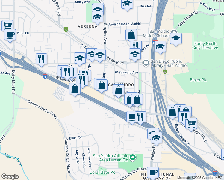 map of restaurants, bars, coffee shops, grocery stores, and more near 207 Cottonwood Road in San Diego