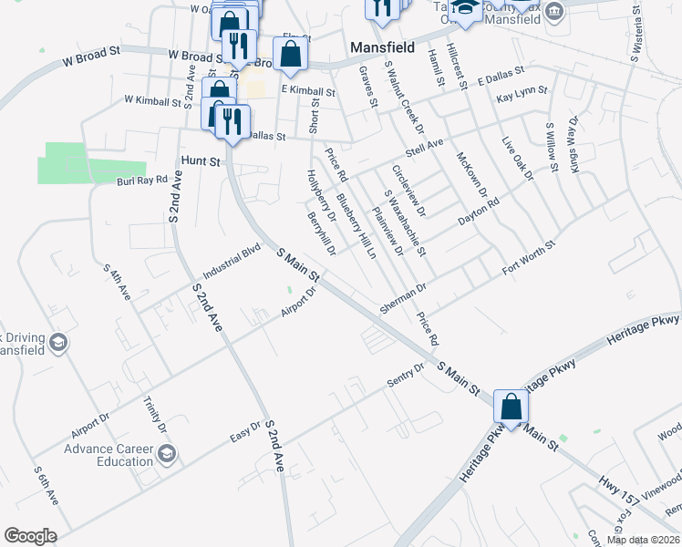 map of restaurants, bars, coffee shops, grocery stores, and more near 614 Hollyberry Drive in Mansfield