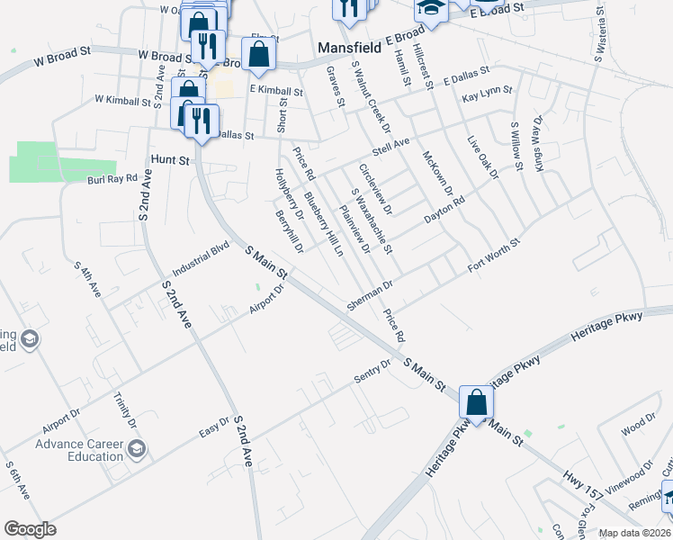 map of restaurants, bars, coffee shops, grocery stores, and more near 625 Hollyberry Drive in Mansfield