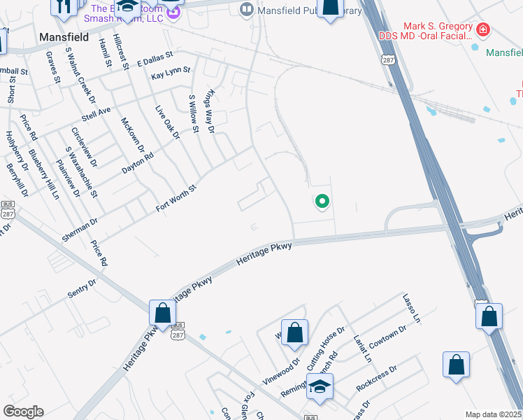 map of restaurants, bars, coffee shops, grocery stores, and more near 620 South Wisteria Street in Mansfield