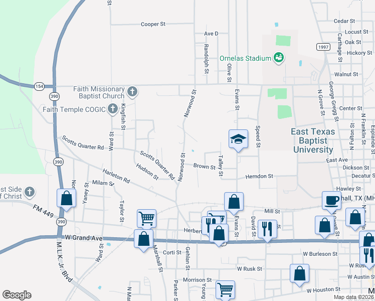 map of restaurants, bars, coffee shops, grocery stores, and more near 1300 Norwood Street in Marshall