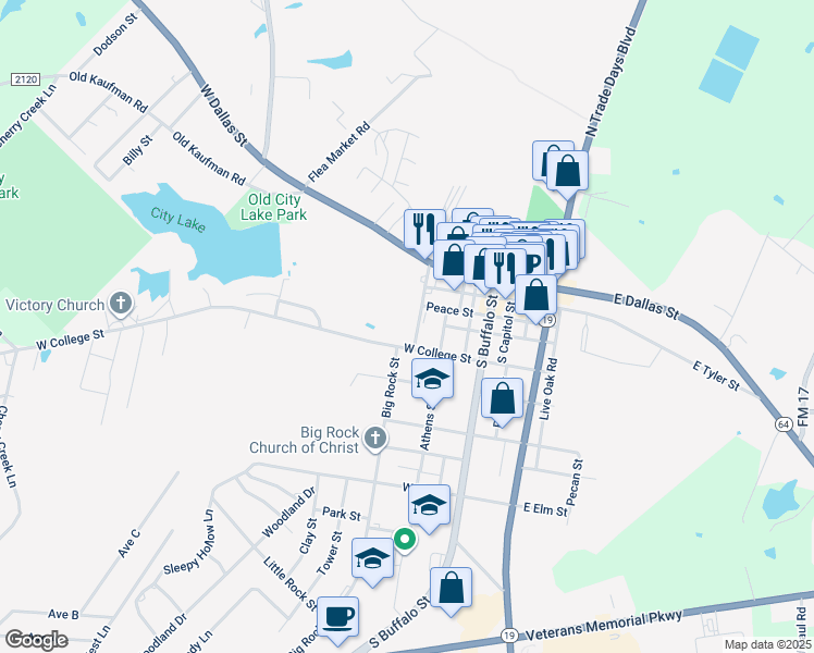 map of restaurants, bars, coffee shops, grocery stores, and more near 303 Athens Street in Canton