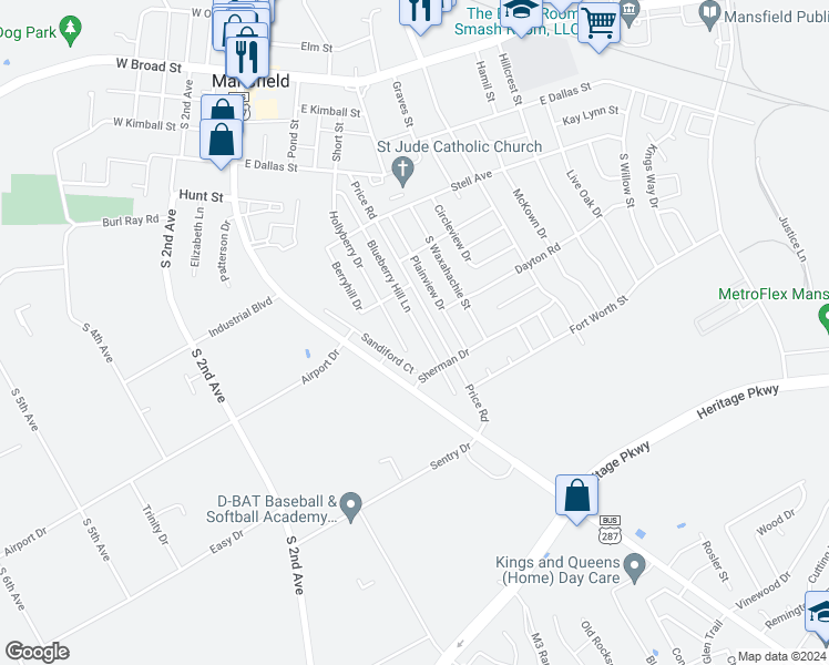 map of restaurants, bars, coffee shops, grocery stores, and more near 618 Blueberry Hill Lane in Mansfield